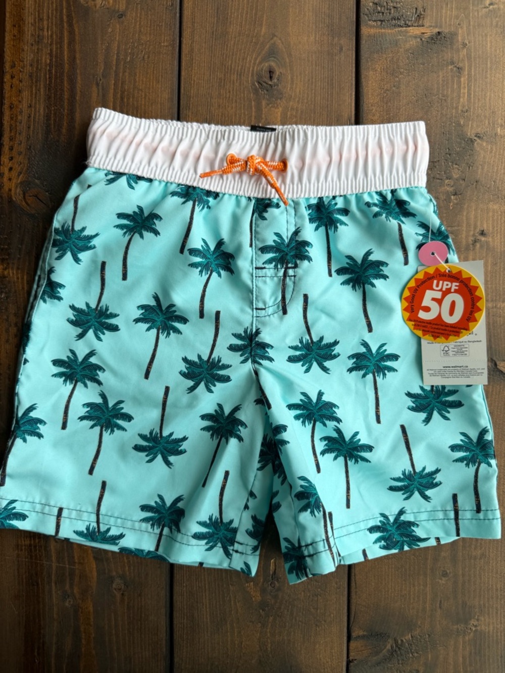 George Aqua Palm-Print Swim Shorts with White Waistband & Orange Drawstring